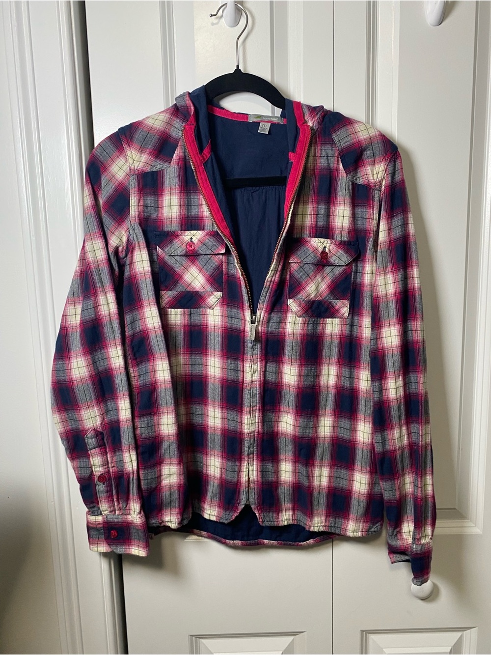 Horny Toad Pink & Navy Plaid Zip Hoodie Shirt Jacket